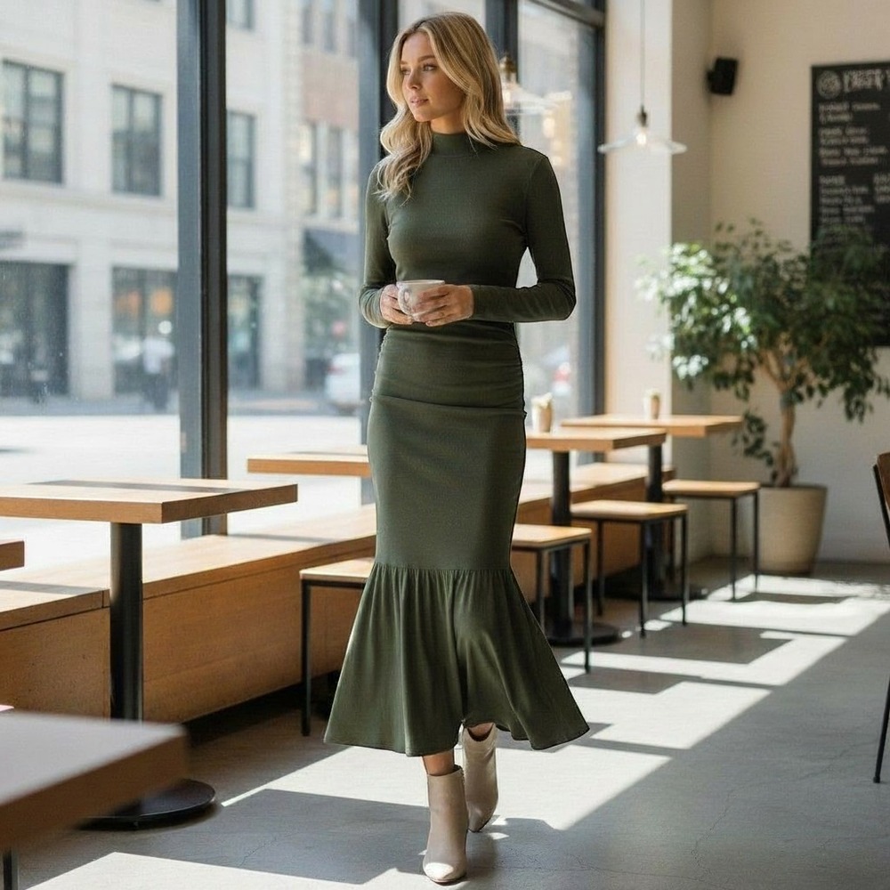 Modesees NWT! Olive Green Mock Neck Long Sleeve Mermaid Ruffle Midi Dress Small